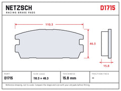 NETZSCH D1715 brake pad drawing, 15.8 mm thick