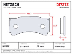 NETZSCH D1727Z brake pad drawing, 18 mm thick