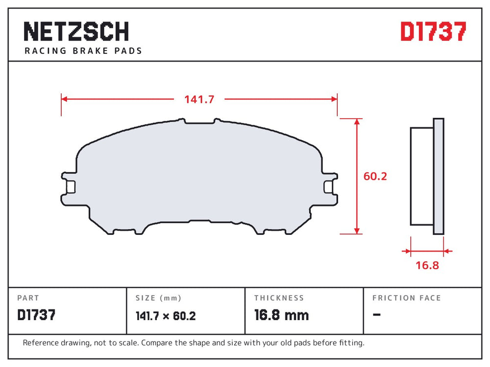 NETZSCH D1737 brake pad drawing, 16.8 mm thick
