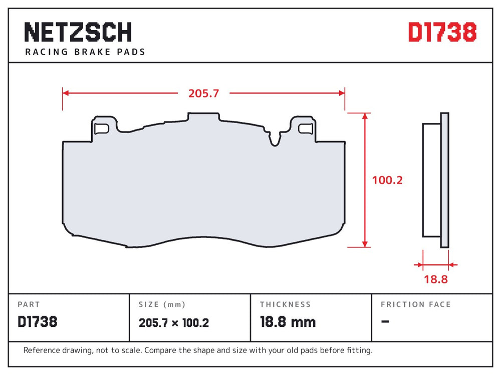 NETZSCH D1738 brake pad drawing, 18.8 mm thick