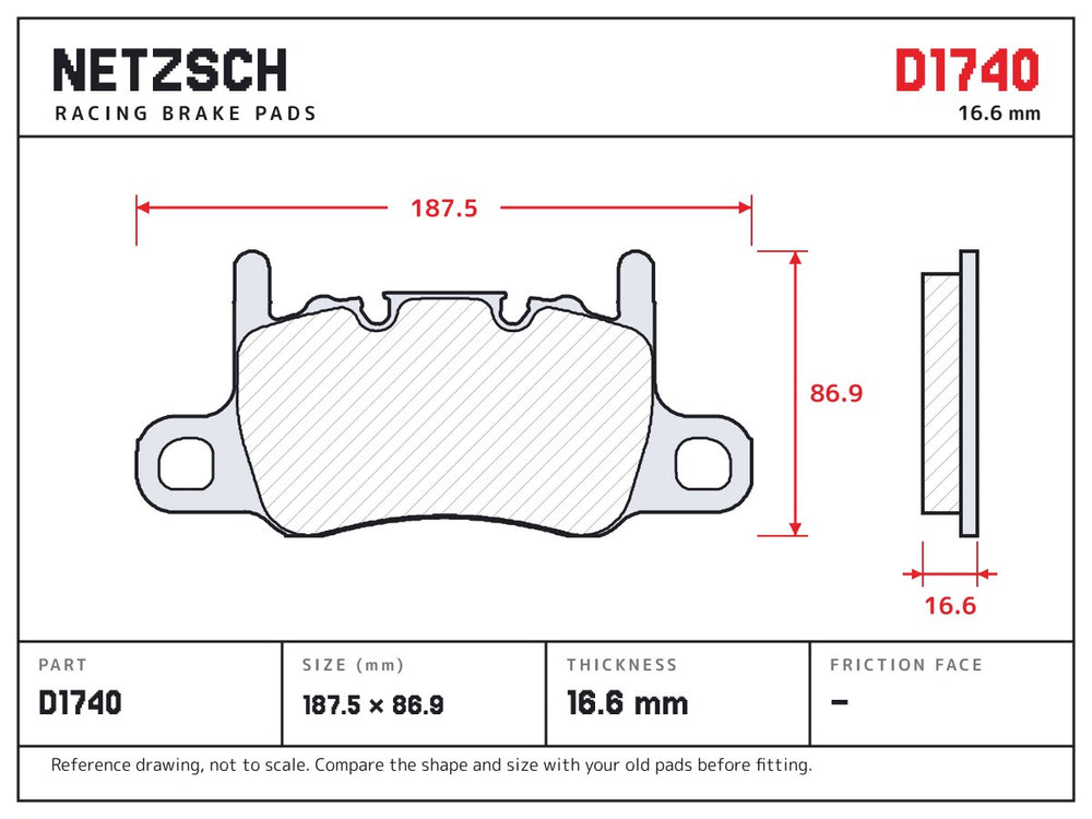 NETZSCH D1740 brake pad drawing, 16.6 mm thick