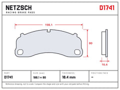 NETZSCH D1741 brake pad drawing, 16.4 mm thick