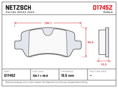 NETZSCH D1745Z brake pad drawing, 15.5 mm thick
