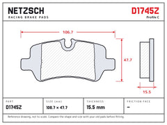 NETZSCH D1745Z brake pad drawing, 15.5 mm thick