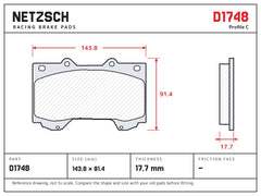 NETZSCH D1748 brake pad drawing, 17.7 mm thick