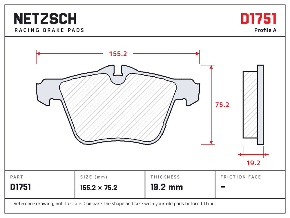 NETZSCH D1751 brake pad drawing, 19.2 mm thick