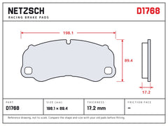 NETZSCH D1768 brake pad drawing, 17.2 mm thick