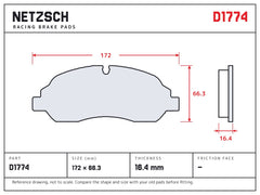 NETZSCH D1774 brake pad drawing, 16.4 mm thick