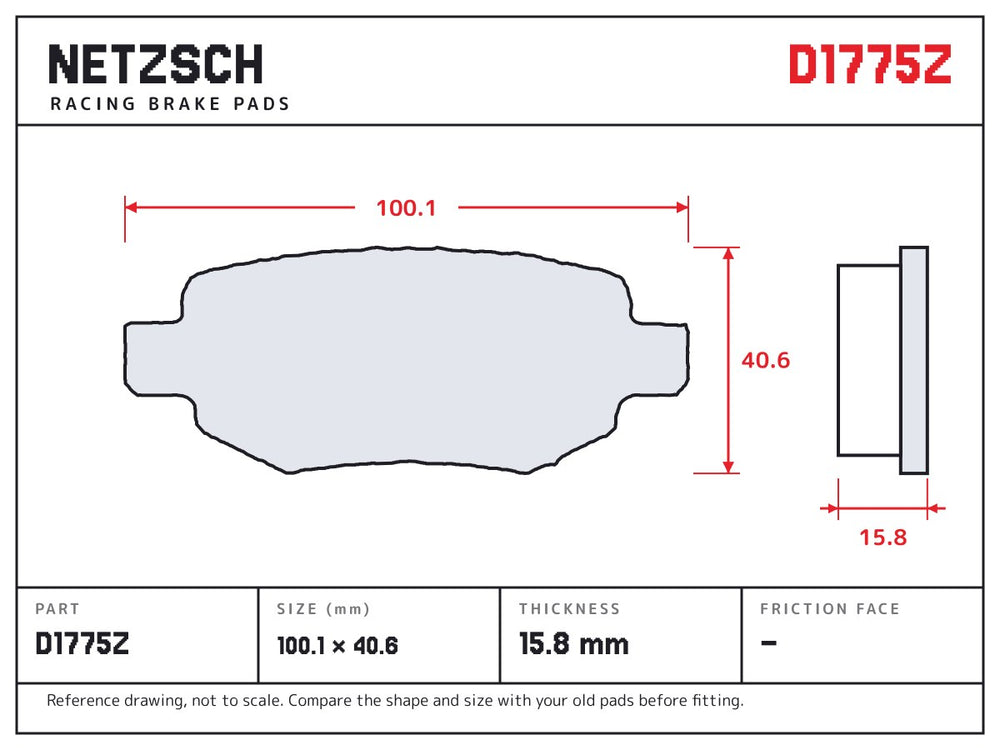 NETZSCH D1775Z brake pad drawing, 15.8 mm thick