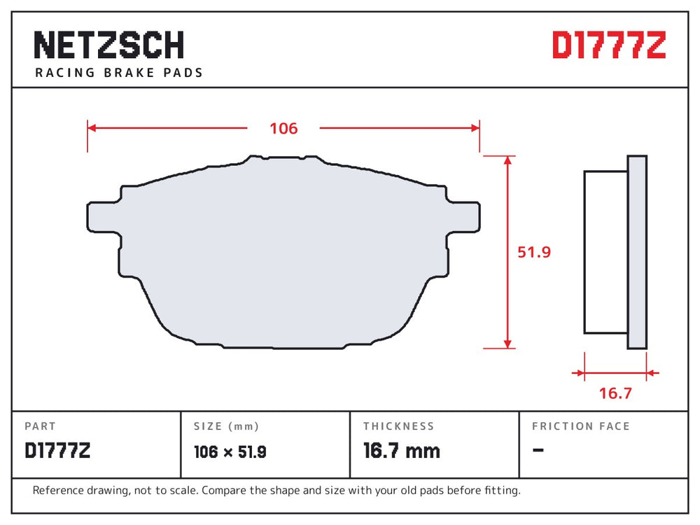 NETZSCH D1777Z brake pad drawing, 16.7 mm thick