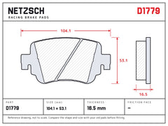 NETZSCH D1779 brake pad drawing, 16.5 mm thick