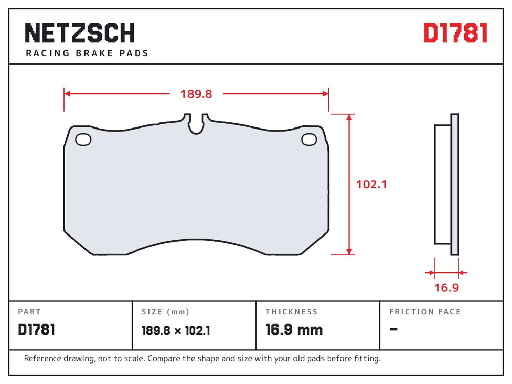 NETZSCH D1781 brake pad drawing, 16.9 mm thick