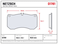 NETZSCH D1781 brake pad drawing, 16.9 mm thick