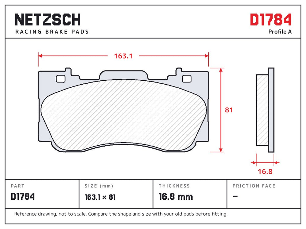 NETZSCH D1784 brake pad drawing, 16.8 mm thick