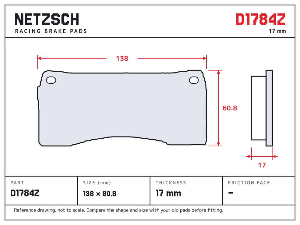 NETZSCH D1784Z brake pad drawing, 17 mm thick