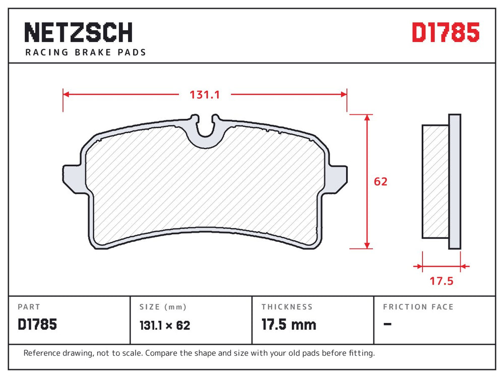 NETZSCH D1785 brake pad drawing, 17.5 mm thick