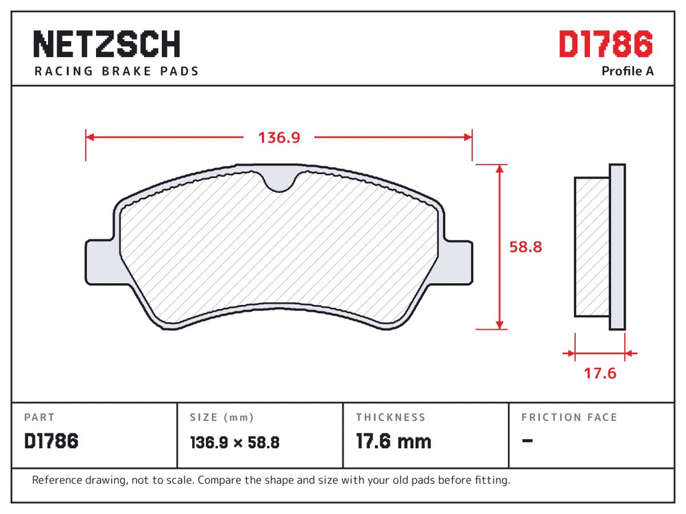 NETZSCH D1786 brake pad drawing, 17.6 mm thick