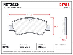 NETZSCH D1786 brake pad drawing, 17.6 mm thick