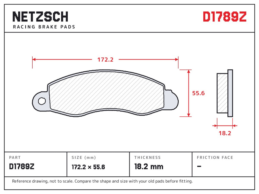 NETZSCH D1789Z brake pad drawing, 18.2 mm thick