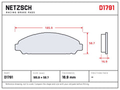 NETZSCH D1791 brake pad drawing, 16.9 mm thick