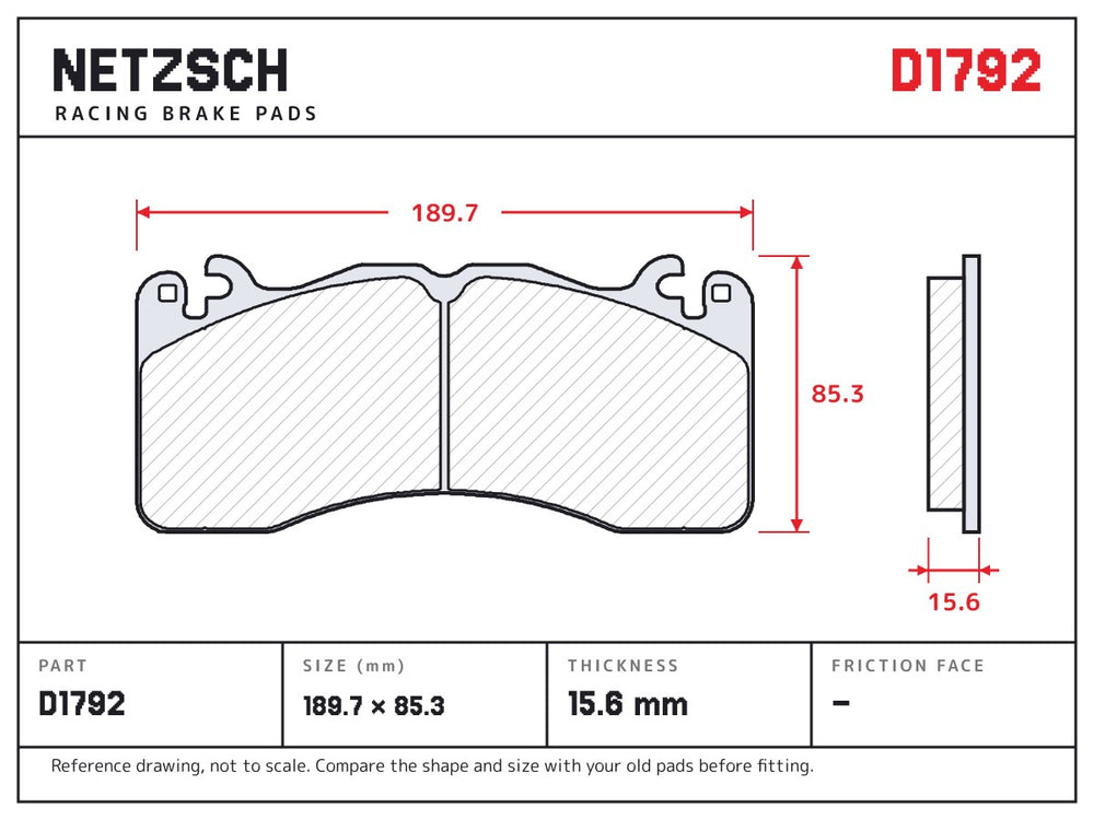 NETZSCH D1792 brake pad drawing, 15.6 mm thick