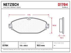 NETZSCH D1794 brake pad drawing, 18.5 mm thick