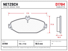 NETZSCH D1794 brake pad drawing, 18.5 mm thick