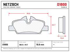 NETZSCH D1800 brake pad drawing, 15.8 mm thick