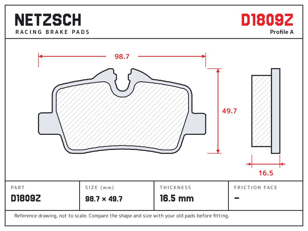 NETZSCH D1809Z brake pad drawing, 16.5 mm thick