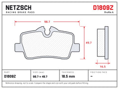 NETZSCH D1809Z brake pad drawing, 16.5 mm thick