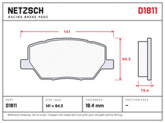 NETZSCH D1811 brake pad drawing, 19.4 mm thick