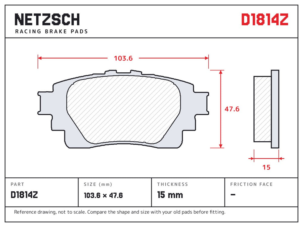 NETZSCH D1814Z brake pad drawing, 15 mm thick