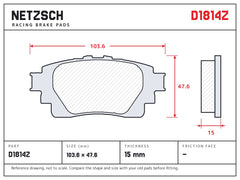 NETZSCH D1814Z brake pad drawing, 15 mm thick
