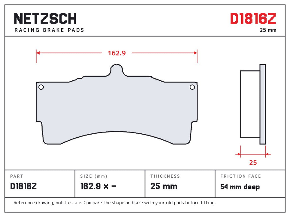 NETZSCH D1816Z brake pad drawing, 25 mm thick