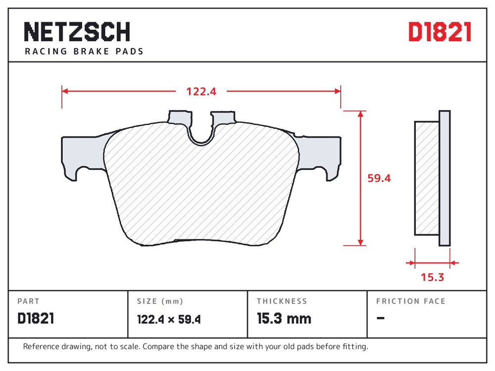 NETZSCH D1821 brake pad drawing, 15.3 mm thick