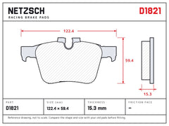 NETZSCH D1821 brake pad drawing, 15.3 mm thick