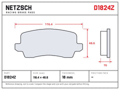 NETZSCH D1824Z brake pad drawing, 16 mm thick