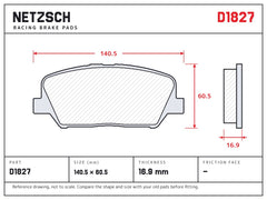 NETZSCH D1827 brake pad drawing, 16.9 mm thick