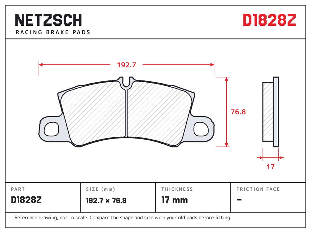 NETZSCH D1828Z brake pad drawing, 17 mm thick