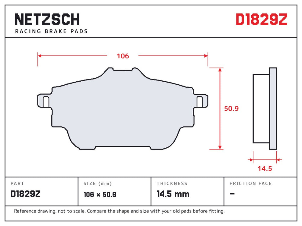 NETZSCH D1829Z brake pad drawing, 14.5 mm thick