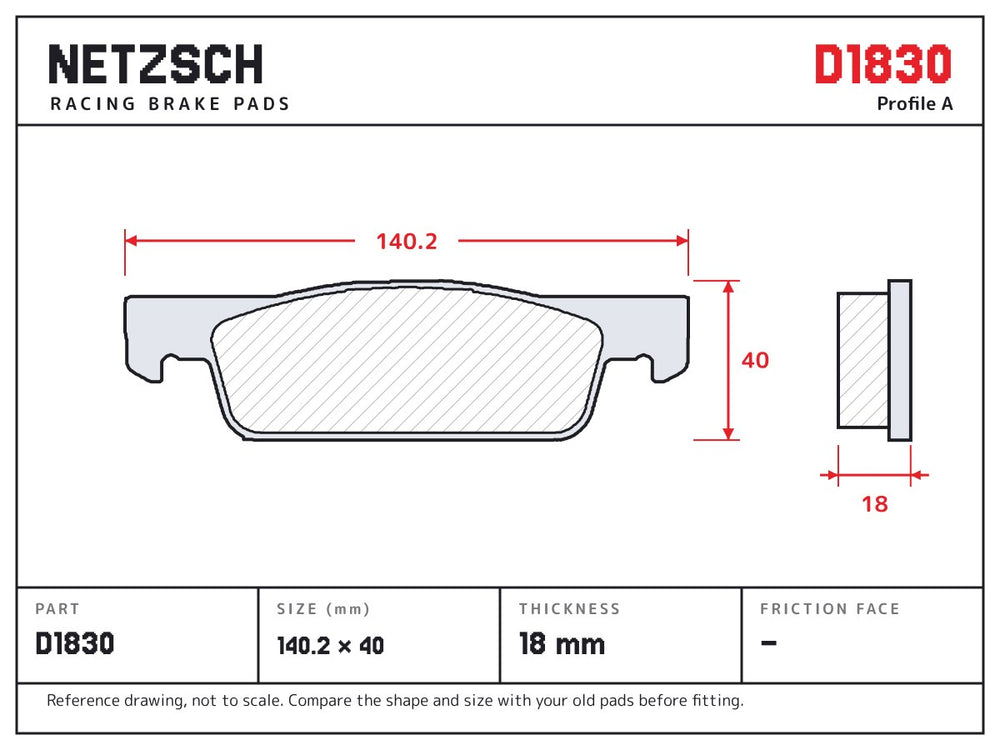 NETZSCH D1830 brake pad drawing, 18 mm thick