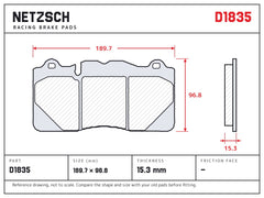 NETZSCH D1835 brake pad drawing, 15.3 mm thick