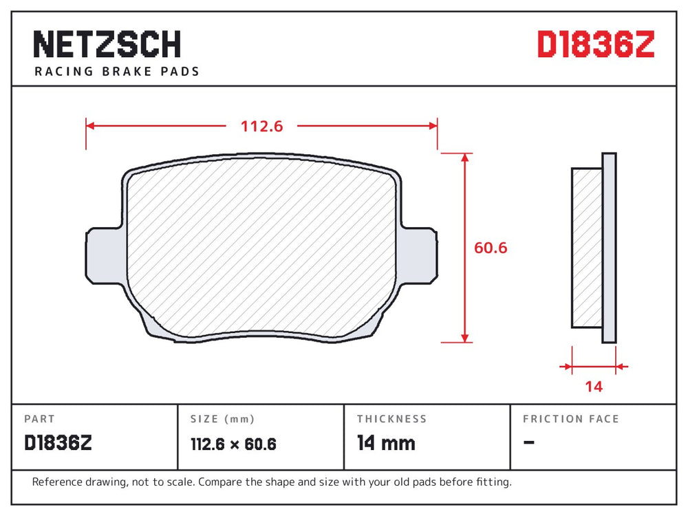 NETZSCH D1836Z brake pad drawing, 14 mm thick