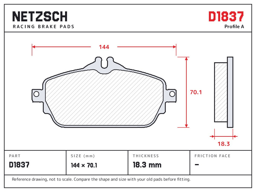 NETZSCH D1837 brake pad drawing, 18.3 mm thick