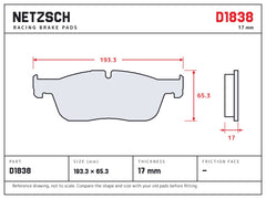NETZSCH D1838 brake pad drawing, 17 mm thick