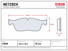 NETZSCH D1838 brake pad drawing, 18 mm thick