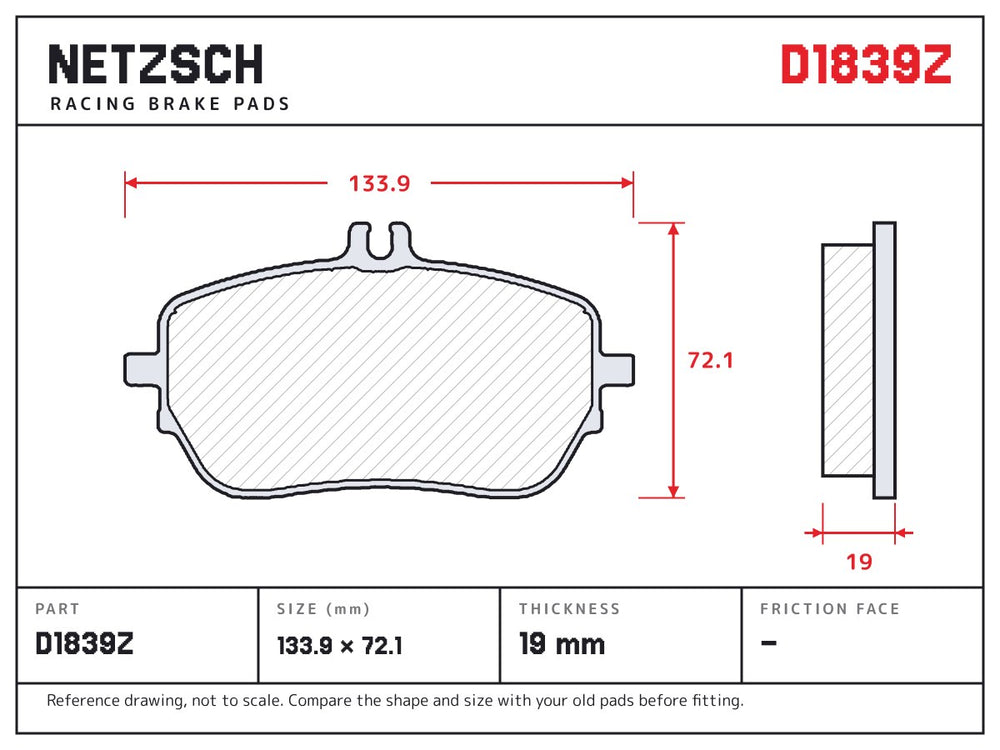 NETZSCH D1839Z brake pad drawing, 19 mm thick