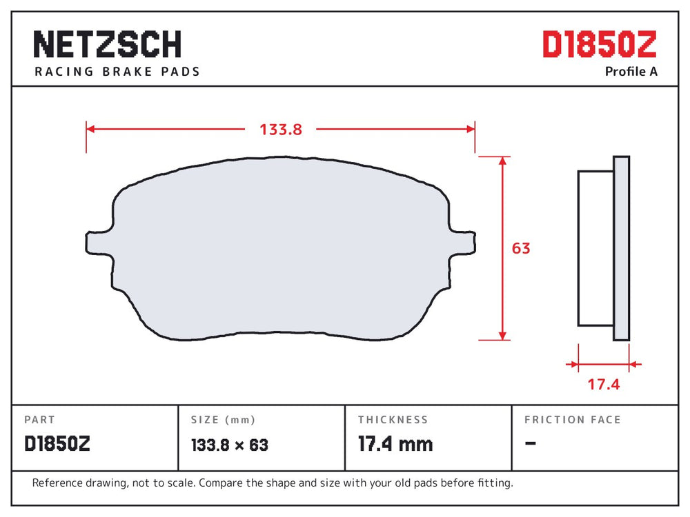 NETZSCH D1850Z brake pad drawing, 17.4 mm thick