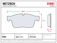 NETZSCH D1861 brake pad drawing, 17.3 mm thick