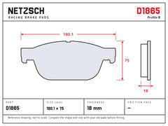 NETZSCH D1865 brake pad drawing, 18 mm thick